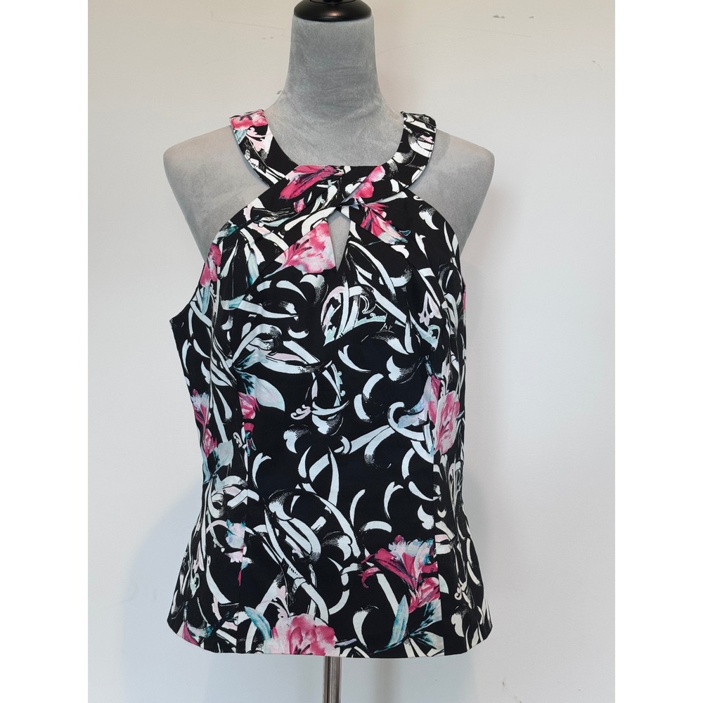 White House Black Market Floral Halter Top Black Pink Keyhole Blouse Size 14